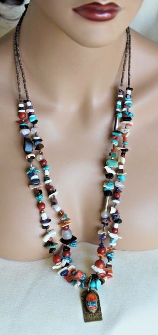 Vintage Signed R Zuni Fetish Inlay Naja Turquoise Sterling Silver Cones Necklace