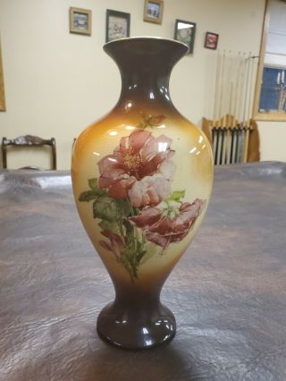 Antique Warwick Ioga 12 " Tall Porcelain Vase W/ Hand Painted Hibiscus