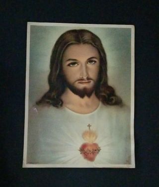 1961 Antique Religious Print Picture Sacred Heart Of Jesus Printed In Italy