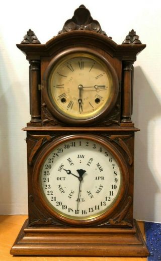 Antique E.  Ingraham & Co Walnut Double Dial Calendar Shelf Clock,  Keeps Time