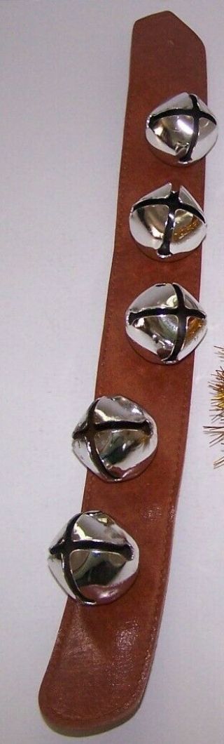 Christmas Sleigh Bells On Leather Strap 5 Bells 17 1/2 " X 1 3/4 "