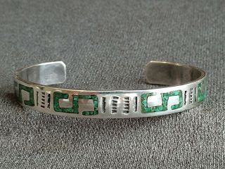 Vintage Navajo Stamped Sterling Silver & Chip Inlay Turquoise Cuff Bracelet