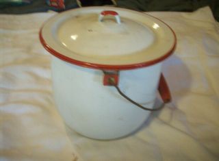 Vintage White Enamel Ware Bucket Diaper Pail W/ Handle Chamber Pot Red Trim
