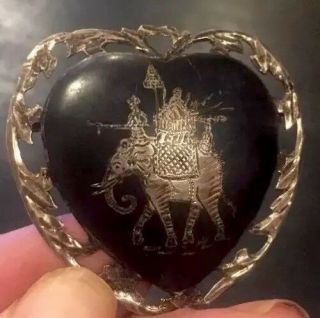 Siam Silver Vintage Brooch Pin Heart Shaped Elephant.  Sterling Silver
