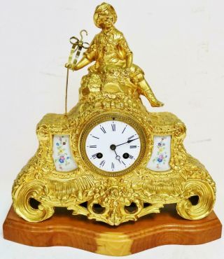 Antique French 8 Day Striking Bronze Lady Figurine & Porcelain Mantel Clock