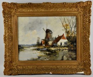 Vintage Dutch Painting Oil On Canvas Holland Scene W/windmill By J.  Vos C.  1970s