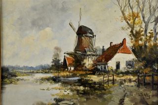 Vintage Dutch Painting Oil on Canvas Holland Scene w/Windmill by J.  Vos c.  1970s 2