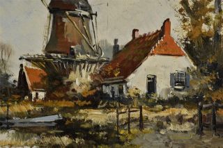 Vintage Dutch Painting Oil on Canvas Holland Scene w/Windmill by J.  Vos c.  1970s 3