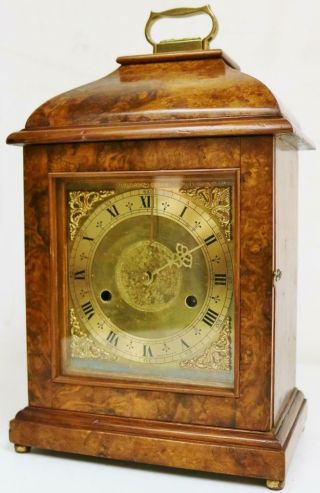 Small Antique English Bracket Clock 8 Day Burr Walnut Gong Striking Mantel Clock
