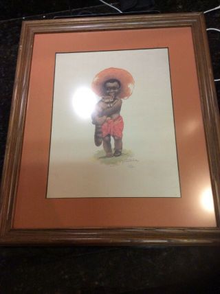 Vintage Black Americana Print Of A Young Boy Holding A Raccoon Framed Matted