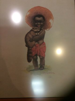 VINTAGE BLACK AMERICANA PRINT OF A YOUNG BOY HOLDING A RACCOON FRAMED MATTED 2