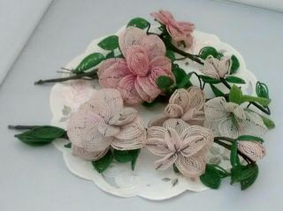 Vtg French Seed Glass Bead Floral Stems Lg Long White Pink Flower Green Leaves
