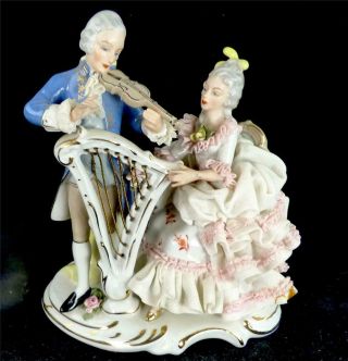 Vintage German Dresden Lace Porcelain Figurine Musicians Violinist & Harpist