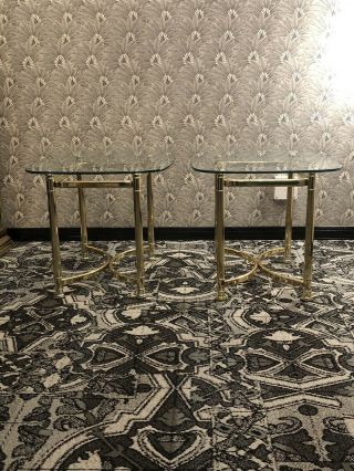 Pair Vintage Brass Metal End Tables With Beveled Glass Top Hollywood Regency