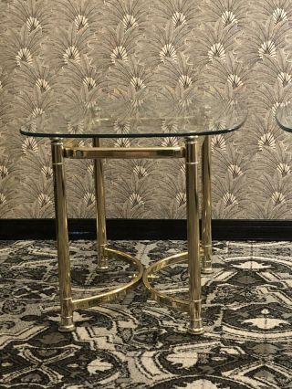 Pair Vintage Brass Metal End Tables With Beveled Glass Top Hollywood Regency 2