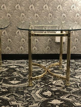 Pair Vintage Brass Metal End Tables With Beveled Glass Top Hollywood Regency 3