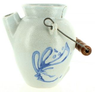 Vintage Small Salt Glazed Stoneware Batter Pitcher Blue Decorated W Handle