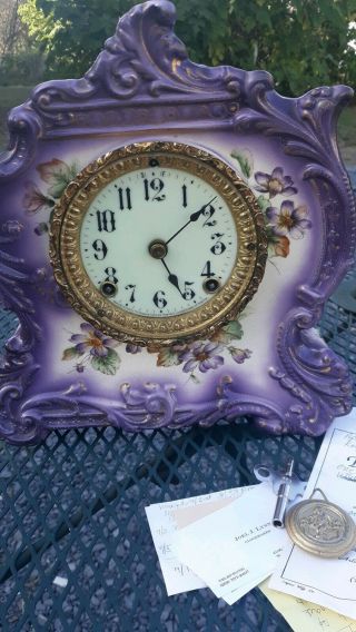 Antique Ansonia Porcelain Mantle Clock W/ Key Please Read