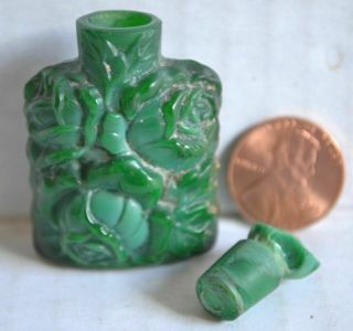 Vintage Malachite Jade Green Glass Miniature Perfume Bottle W/ Ornate Florals