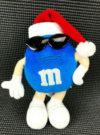 M&m Blue 8 " Christmas Ornament Plush Toy With Santa Hat Stuffed Animal