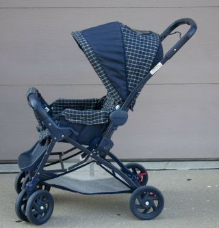 Vintage Graco Baby Stroller Blue Plaid Model 7572wn Reclines Fully