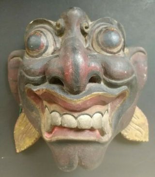 Old Wooden Mask Prob From Bali / Balinese Big Eyes And Big Teeth Dark Red Colour