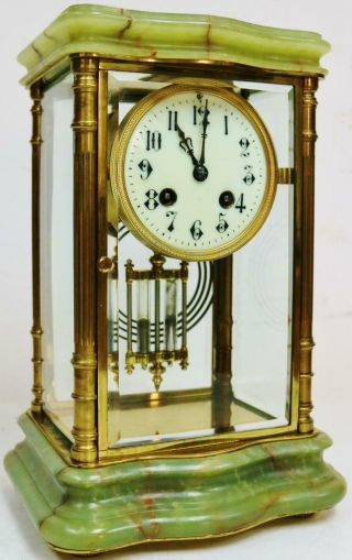Antique French Onyx & Brass 8 Day Striking 4 Glass Table Regulator Mantel Clock