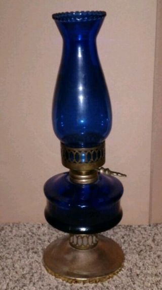 1950 Colbalt Blue Vintage Glass Oil Lamp Sail Boat Brand