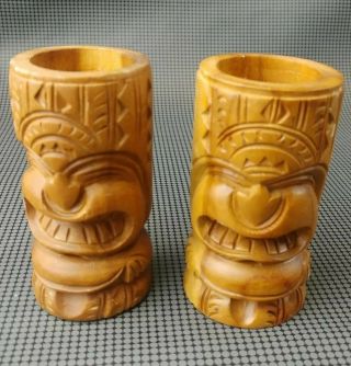Pair 4 " Carved Wood Tiki Candle Holder Totem Face Vintage Hawaiian Polynesian
