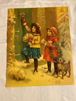 Victorian Girls W/ Dog Christmas Outdoor Scene Vintage Lithograph Germany 20 X16