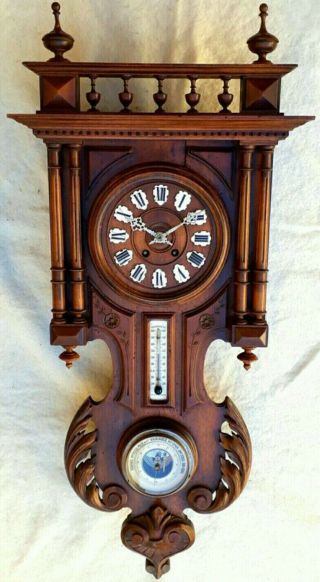 French Antique Carved Oak Black Forest Clock With Barometer & Thermometer Xixth