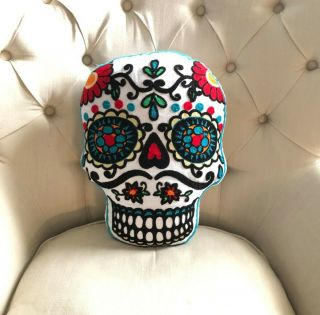 White Sugar Skull Mexican Day Of The Dead Dia De Los Muertos Embroidered Pillow