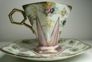 Sterling China Japan Tea Cup/saucer Pink White Gold Trim Floral Lusterware