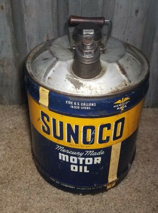 Vintage Sunoco 5 Gallon Mercury Made Motor Oil Can Advertising Gas Station