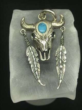 Navajo Vintage Sterling Silver Buffalo Skull Feathers High Details Pendant