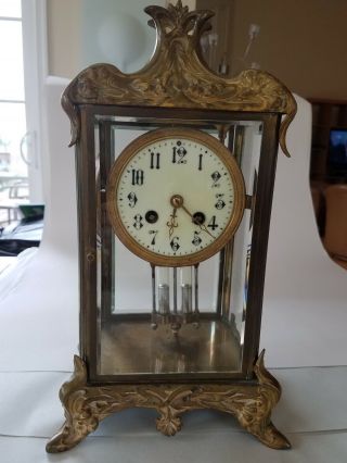 Antique Japy Freres Art Nouveau French Brass And Beveled Glass Regulator Clock