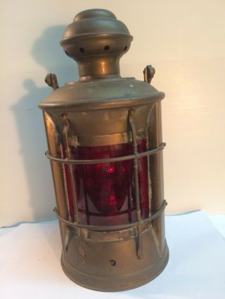 Vintage Sherwood Of Birmingham Brass Bracket Boat Oil Burner Lamp Red Glass