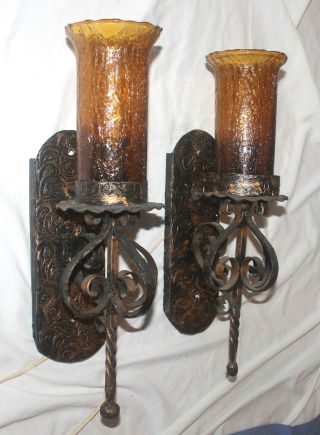 Pair Vintage Mcm Gothic Metal Amber Glass Wall Sconces Lights Electric