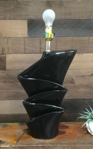 Vtg Mid Century Modern Black Glaze Ceramic Table Lamp Wave Sculptural Abstract