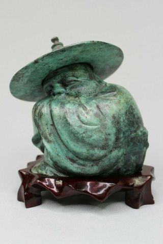 Chinese Buddha Sleeping Fishing Bronze Metal With Wood Stand 1970 