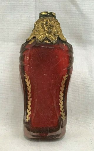 Great Orig.  Antique Ruby Cased Cut Glass & Gilt Metal Perfume Flask Bottle