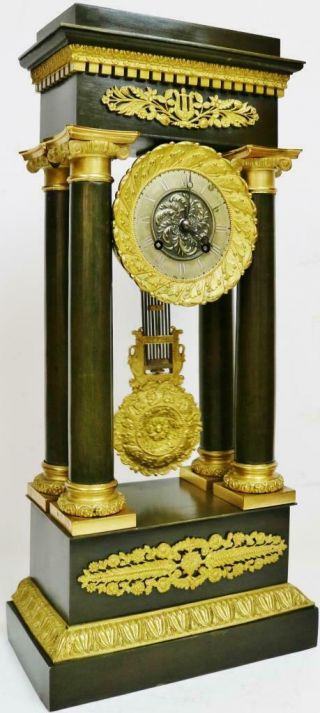 Antique French Empire 8 Day Striking 2 Tone Bronze Ormolu Portico Mantel Clock
