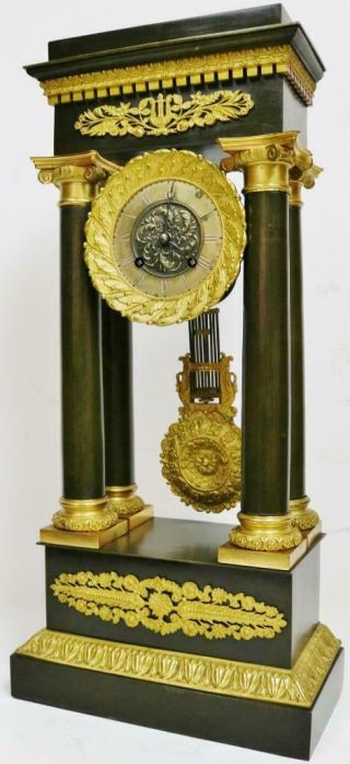 Antique French Empire 8 Day Striking 2 Tone Bronze Ormolu Portico Mantel Clock 2