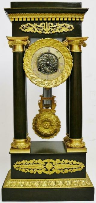 Antique French Empire 8 Day Striking 2 Tone Bronze Ormolu Portico Mantel Clock 3