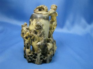 Antique Asian Soapstone Carved Vase With Monkey Bird & Bamboo Rodents