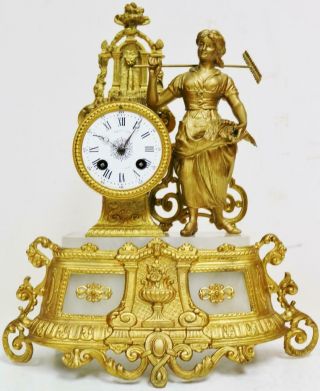 Antique French 8 Day Striking Gilt Metal Lady & Alabaster Figurine Mantel Clock