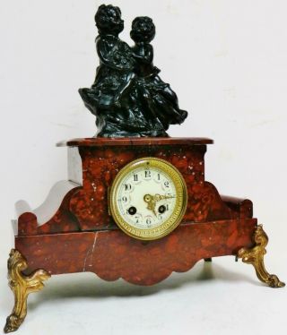 Antique French 8 Day Striking Metal & Red Marble Cherub Figure Mantel Clock