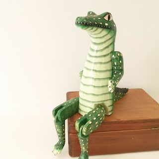 Jointed Alligator Carved Wood Hand Painted Sitting Folk Art