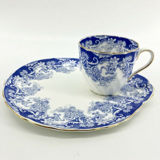 Royal Tuscan Fine Bone China Teacup & Snack Plate Cup Holder Blue White Flowers