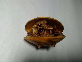 Vintage Japanese Celluloid Hand Carved Clam Shell Village Netsuke Style Art